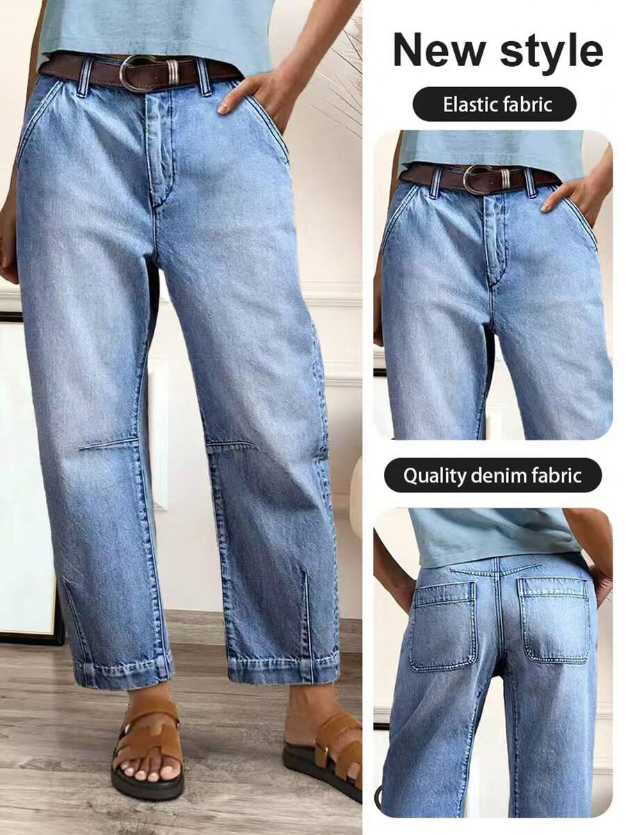 Elegant Casual Women's Straight Leg Jeans, With Button Details And Distressed Wash, Medium Stretch Fabric - Light Wash - View 1