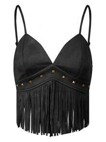 Women's Camisole Tops Stylish Solid Color Tassel Trimmed Sleeveless V Neck Spaghetti Strap Crop Vest For Party Nights - Black - View 1