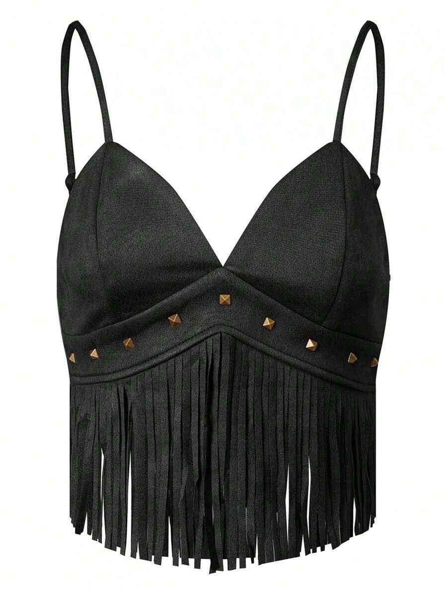 Women's Camisole Tops Stylish Solid Color Tassel Trimmed Sleeveless V Neck Spaghetti Strap Crop Vest For Party Nights - Black - View 1