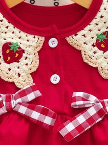 Baby Girl Solid Color Dress With Red & White Plaid Bow And Strawberry Crochet Collar - Red - View 5
