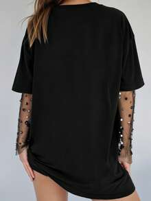 Camiseta Gráfica Plus Size com Tema de Tarô Misterioso, Casual Larga e Longa Preta de Volta às Aulas, Verão - Preto - Visão 2