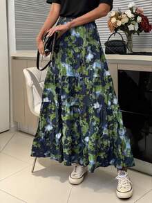 EARO Women's Long Multi-Layer Tie-Dye Print Skirt, Elastic Waist, Fashion Elegant Slimming - Navy Blue - View 3