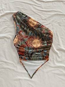 女士不对称下摆休闲印花露肩上衣，适合约会和外出穿着 - 彩色 - 查看 2