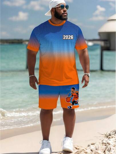 2026 标志印花加大码男士运动套装，时尚渐变色加大码夏季短袖短裤两件套，适合运动和休闲穿着