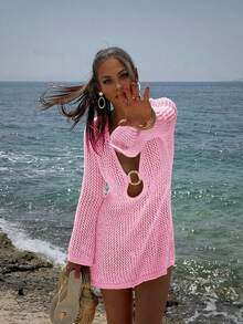 Gaun Mini Crop Top Wanita Warna Polos Seksi Berongga Transparan dengan Desain Cincin Logam Lengan Panjang, Penutup Pantai, Warna Pink untuk Liburan Musim Panas - Baby Pink - View 6