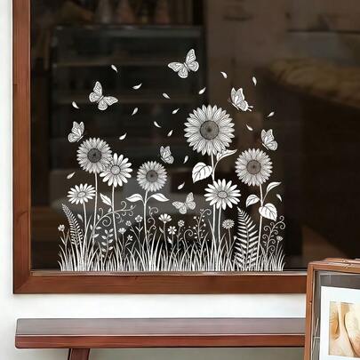 1/3pcs Creative Minimalist White Line Floral Window Stickers With Dandelion & Butterfly Design, Double-Sided Visible Glass Static Cling Decals For Bedroom, Living Room, Hallway