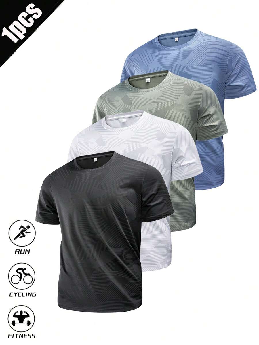 Áo thun thể thao cổ tròn in họa tiết hình học dành cho nam, thích hợp cho chạy bộ và tập thể dục. - màu đen - Xem 1