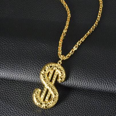 1pc Popular Personalized 750 Italian 18k Gold-Plated Three-Dimensional Block Chain With Dollar Shaped Pendant Necklace, Hip-Hop Street Style For Men Women, Daily Party, Stage, Music Festival Wear