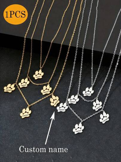 1pc Customized Pet Name Necklace, Cat/Dog Paw Print Engraved Pendant, Can Customize 1-3 Names, Suitable As Pet Memorial Jewelry Gift For Dog/Cat Lovers, Personalized Necklace, Women's Necklace, Family Necklace, Personalized Gift, Casual Wear, Minimalist Pendant, Valentine's Day, Eid, Mother's Day, Birthday, Anniversary Gift