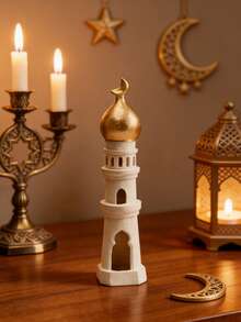 1 tượng trang trí để bàn bằng thạch cao theo phong cách Hồi giáo Thổ Nhĩ Kỳ, kiểu dáng Hồi giáo, thiết kế đối xứng dọc màu vàng và trắng với các chi tiết chạm khắc tinh xảo, thích hợp cho tháng Ramadan, lễ Eid, trang trí nhà cửa, trưng bày văn phòng và các lễ kỷ niệm tôn giáo. - Tháp - Xem 4