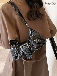 Y2K Vintage Soft Distressed Leather Motorcycle Bag With Rivet, Buckle, Pleated Cloud Decor, Shoulder/Underarm Bag, Suitable For Work, Commute, Date, Party, Street & Japanese Bag For Women, Halloween Purse Perfect For Fancy Party Halloween Fashion & Gothic Fashion , Vintage Bag , Y2k - 黑色 - 查看 5