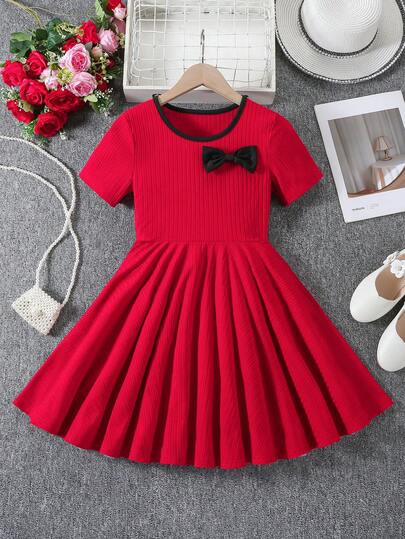 1pc Girls Outdoor Casual Chic Loose Korean Style Simple Elegant Comfortable Round Neck Bow Decor Maxi Dress, Summer