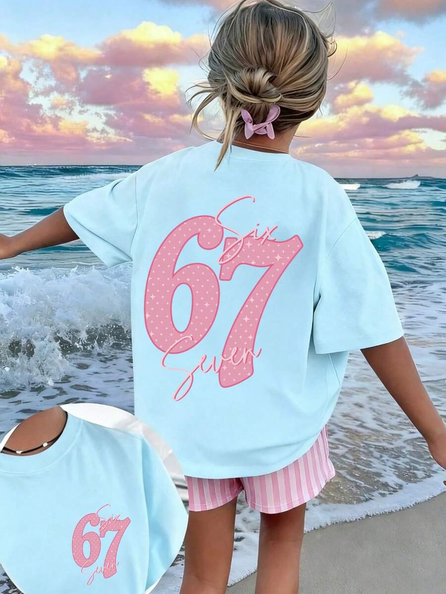 Tween Girl Star Element Six Seven 67 Cartoon Print T-Shirt, Suitable For Girls Outdoor Sports, Casual Wear, Street Style, Campus Style, Fashionable Girls Spring/Summer Versatile Top - Baby Blue - View 1