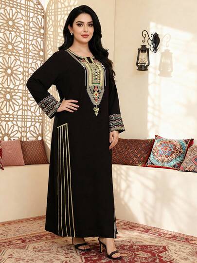 2026新款传统优雅长袖连衣裙，彩色刺绣阿拉伯女式长袍