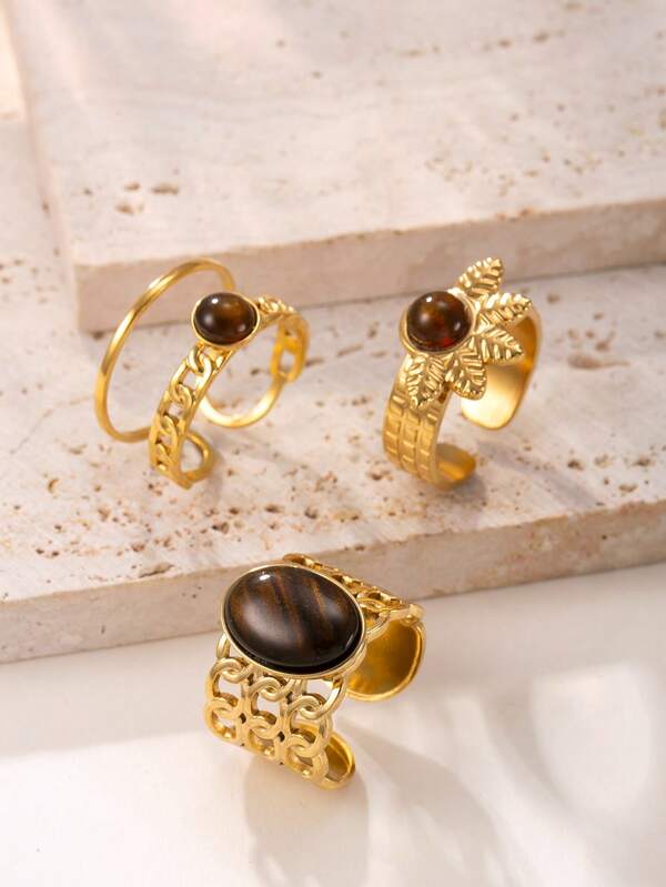 3pcs 18K Gold Plated Stainless Steel Leaf Design Rings With Oval & Round Tiger Eye Stone, Adjustable Rings Set For Women Decoration Or Gift