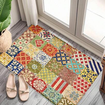 1 قطعة سجادة باب بطراز هندسي بوهيمي مطبوع على قاعدة من المطاط والصوف الاصطناعي، مناسبة للحمام والمطبخ وغرفة الغسيل والديكور المنزلي والأعياد والحفلات والزفاف والمائدة