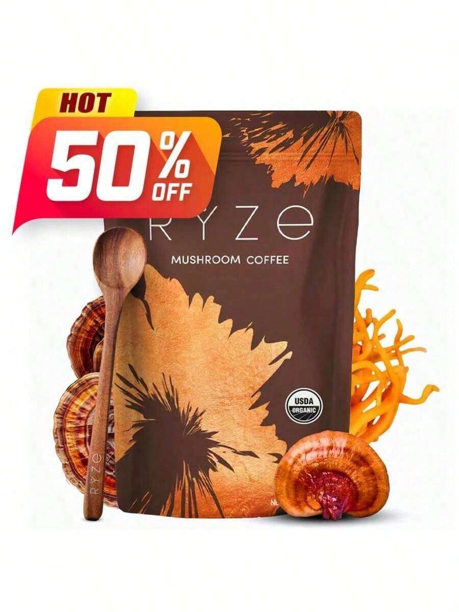 Mushroom Medium Roast Coffee USDA Organic With 6 Adaptogenic Mushrooms, USA Grown Instant Coffee For Better Energy, Focus Digestion Immunity With Lions Mane & Turkey Tail 30 Servings - 1 Pack - 查看 1