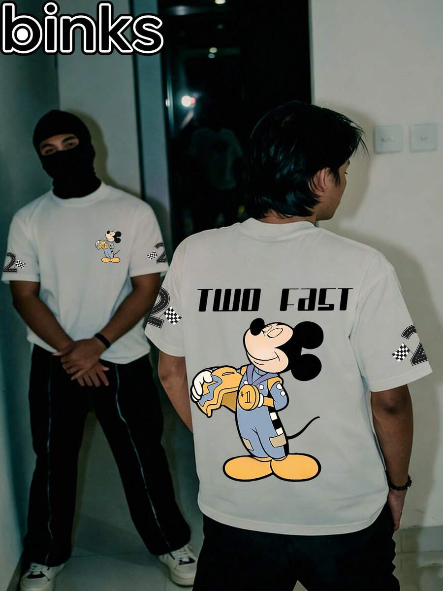 Disney Binks (Double-Sided Printing): A Cartoon Printed Short Sleeved T-Shirt With Mickey Mouse Racing Retro Elements, A High Street  Brand Loose Short Sleeved T-Shirt. Spring And Summer Fashionable Versatile Top, Holiday Gift, Vintage Print. - trắng - Xem 1