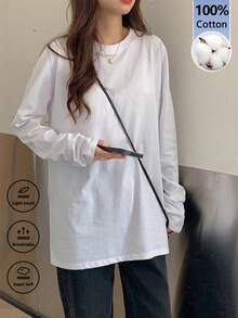 娇小女款休闲圆领纯色百搭简约宽松长袖T恤上衣 白色 春季 - 白色 - 查看 5