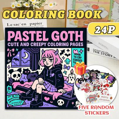 GDTME Gothic Girl Coloring Book, Gothic Lolita Style, 24 Pages Gothic Style Doodles, Relax And Improve Aesthetics, Suitable For Gothic Enthusiasts As Birthday, Back To School, Office Supplies, Valentine's Day, Mother's Day Gifts, Stationery, Size 7.9x7.9 Inches, Comes With 5 Stickers