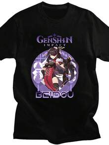 Genshin-Camiseta De Impacto Beidou, Camisas 100% De Algodón Para Niñasniños Y Mujeres, Camiseta De Manga Corta De Verano, Estampado De Juego De Estilo Japonés. - 黑色18 - 查看 1