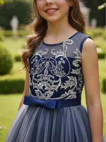 Vestido de niña preadolescente de alta gama con bordado de lentejuelas sin mangas para niña de las flores en boda, vestido de princesa esponjoso para fiesta de cumpleaños y boda - Azul Marino - Ver 8