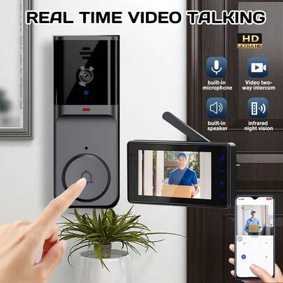 Wireless Smart Video Doorbell Camera With 4.3" IPS Screen, 1080P HD System, 2-Way Audio & Local Storage, Doorbell Camera Suitable For /Office, Easy Install No Wiring Required