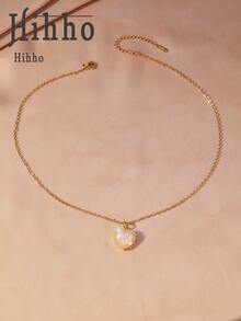 1件装珠光心形珍珠母贝吊坠项链，带镶边，珠光珍珠母贝搭配精致镶边，浪漫点缀新年约会，独特温柔甜美少女项链 - 心 - 查看 6