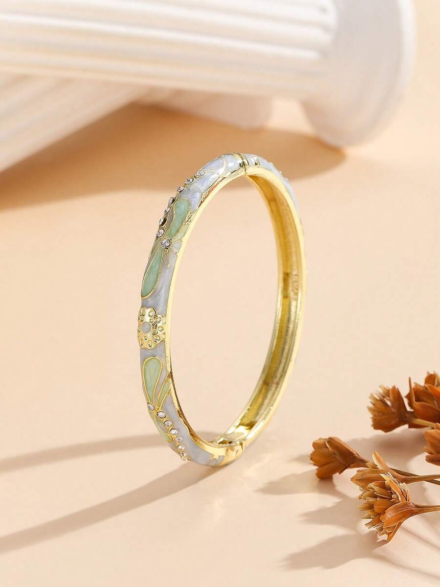 1 chiếc vòng tay dạng lắc tay mở bản to mạ vàng tráng men họa tiết filigree thời trang mới, đính đá pha lê rhinestone, trang sức đeo hàng ngày cho nữ, màu xanh nhạt - Màu xanh lam - Xem 1