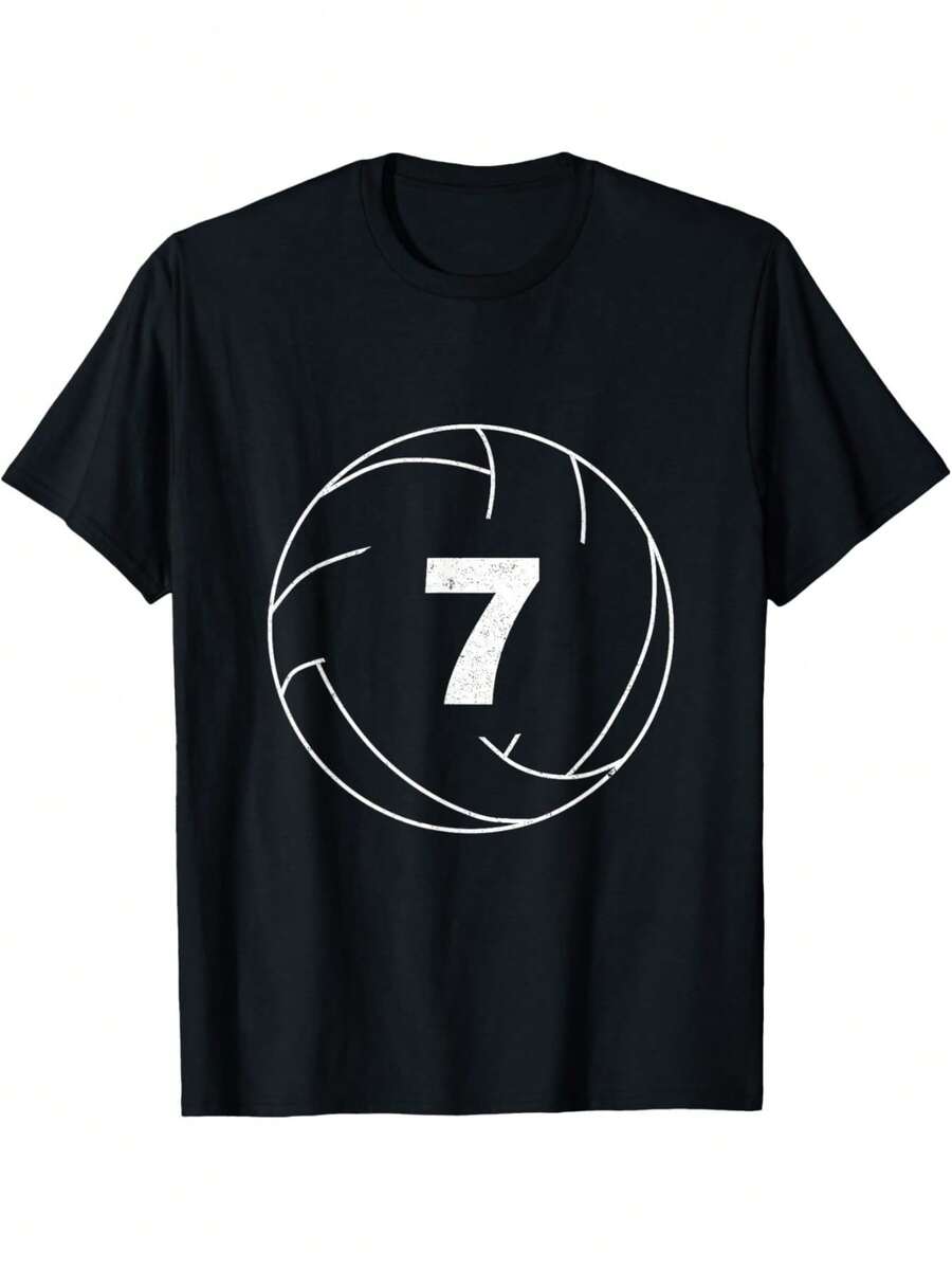 Volleyball Player Number 7 Pattern T-Shirt| Black With White Print, Loose Casual Style, Machine Washable Design, Crew Neck, Slight Stretch Fabric, Perfect For Men And Volleyball Enthusiasts - màu đen - Xem 1
