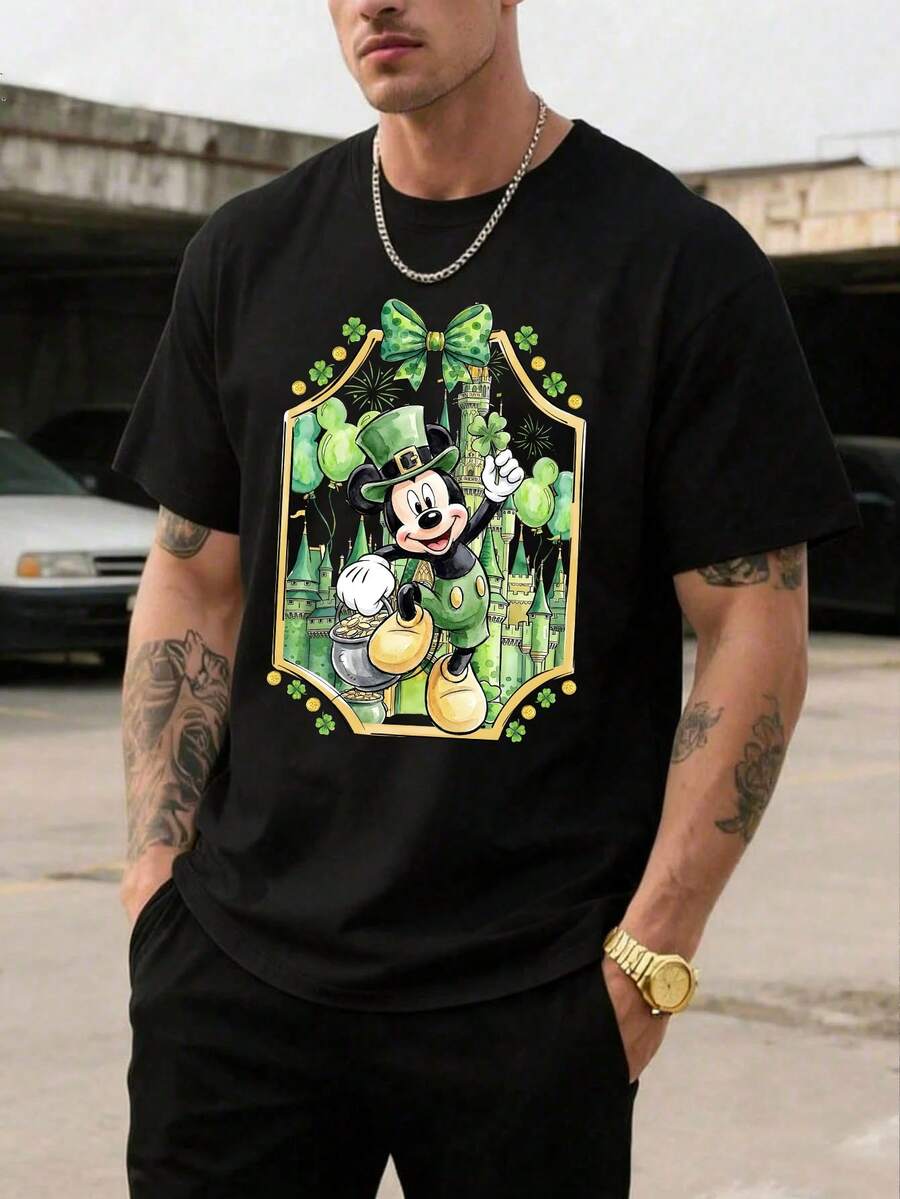 Men's Disney Casual T-Shirt, St. Patrick's Day Mickey Mouse Print, Green Lucky Design, Comfortable Soft Fabric, Perfect For Holiday Celebrations - màu đen - Xem 1