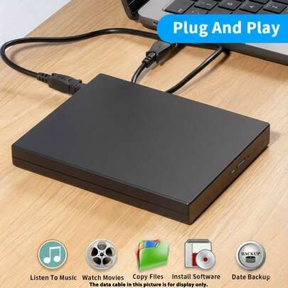 Compact USB 2.0 External DVD Drive | Plug And Play, Ultra-Slim Portable Burner/Writer, ใช้ได้กับแล็ปท็อปและเดสก์ท็อป | รองรับการเล่น CD/DVD, การคัดลอกข้อมูล | สีดำ, พร้อมสายไฟ
