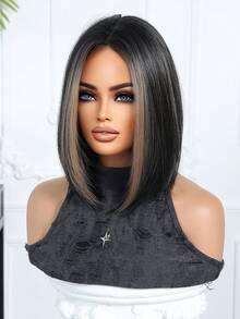 14英寸黑棕色短直发合成假发，个性化短发设计，采用高温丝和玫瑰网制成，金色，可自由修剪，时尚百搭，适合初学者，多巴胺风格，佩戴舒适，高品质，多功能，适合日常、派对、角色扮演、节日、音乐节、嘉年华等场合。 - 挑染棕色 - 查看 4