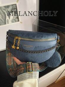 两件套压花腰包和胸包，中国风大容量女士包袋 - 藍色 - 查看 8