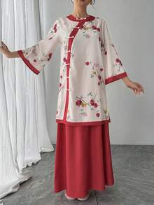 Setelan Wanita 2pcs/Set, Gaya Cina Motif Merah, Cardigan Lengan Lebar Leher Bulat & Rok A-Line Pinggang Tinggi Musim Panas - Merah - View 3