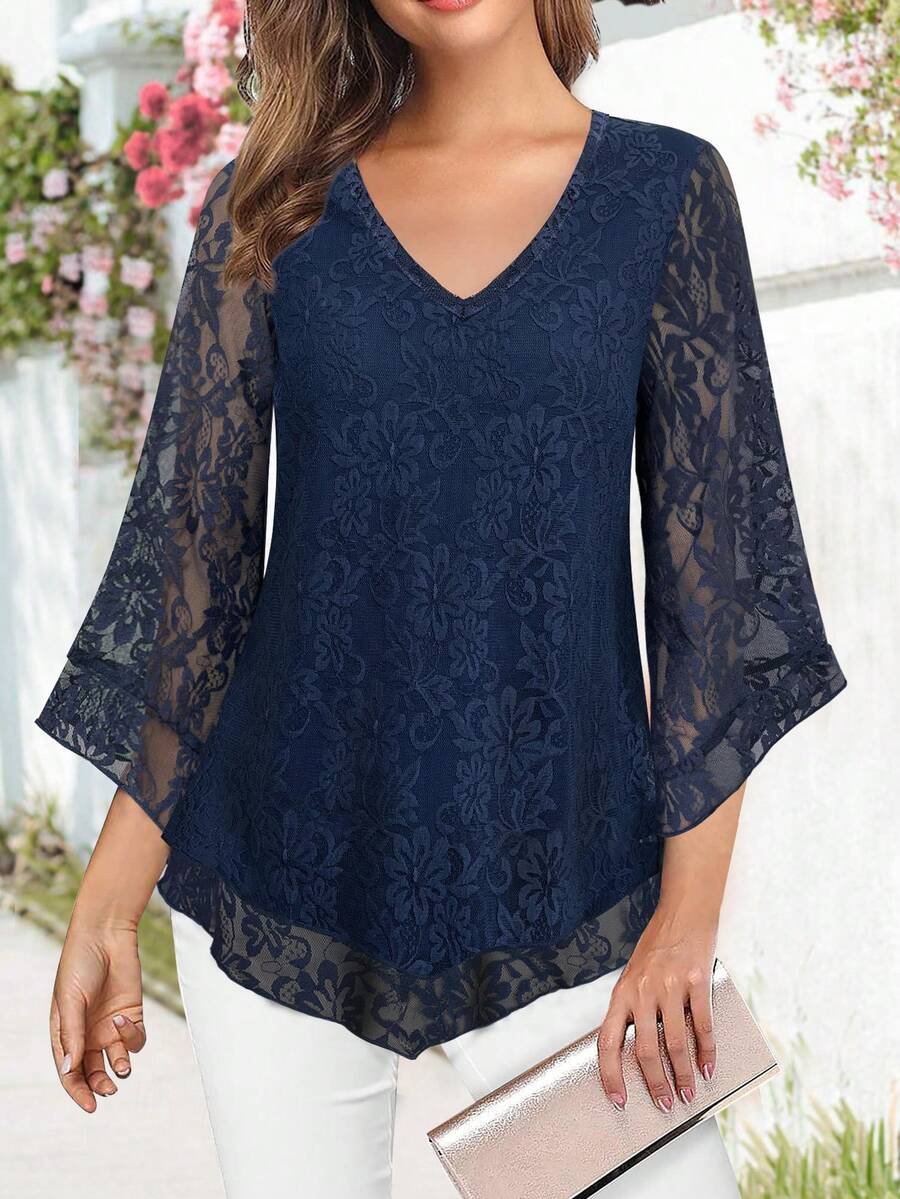 Áo kiểu nữ thanh lịch cổ chữ V hai lớp, chất liệu lưới co giãn, dáng suông, có bèo nhún, tay lỡ 3/4 kiểu chuông và thắt eo, thích hợp cho kỳ nghỉ xuân. - Màu xanh bụi bặm - Xem 1