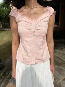 Women Y2k Fairy Grunge Shirts Puff Sleeve Button-Up Ruffle Hem Babydoll Tops Coquette Aesthetic Tee Shirt - Pink - View 1