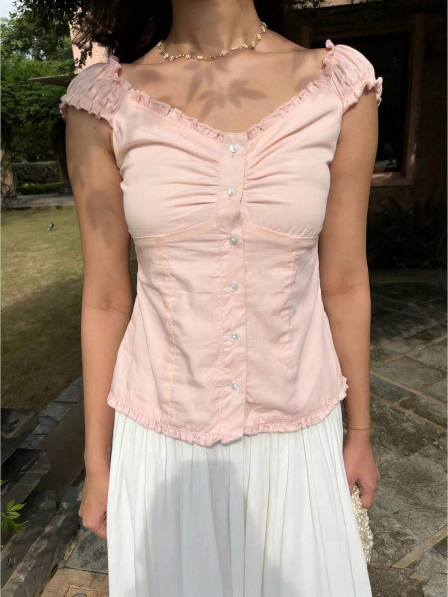 Women Y2k Fairy Grunge Shirts Puff Sleeve Button-Up Ruffle Hem Babydoll Tops Coquette Aesthetic Tee Shirt - Pink - View 1