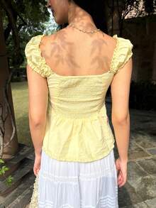 Women Y2k Fairy Grunge Shirts Puff Sleeve Button-Up Ruffle Hem Babydoll Tops Coquette Aesthetic Tee Shirt - Yellow - View 2