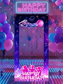 1件装音乐主题生日相框，女生团体生日派对拍照道具，带发光球、星星、麦克风设计，音乐派对拍照背景，乙烯基背景，舞会派对装饰配件，生日快乐装饰，生日礼物，节日派对用品 - 彩色 - 查看 6