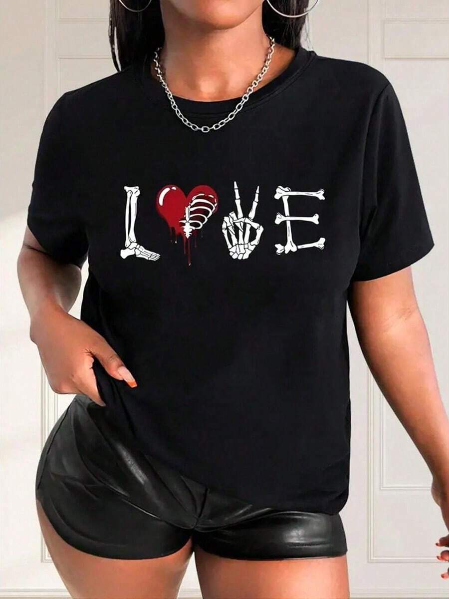 Ladies' Spring tops, tops women, round neck short sleeved-shirt,Camiseta Estampada de Corazón de Hueso para Mujer, Cuello Redondo, Manga Corta, Casual y Versátil - Negro - Ver 1