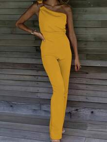 Bộ jumpsuit không tay màu vàng ánh kim của Vuslat dành cho nữ, kiểu dáng ôm sát, cạp cao, ống loe với chi tiết vòng kim loại, thích hợp cho mùa hè, mùa xuân, đi biển, dự tiệc, đi chơi. - Vàng - Xem 2