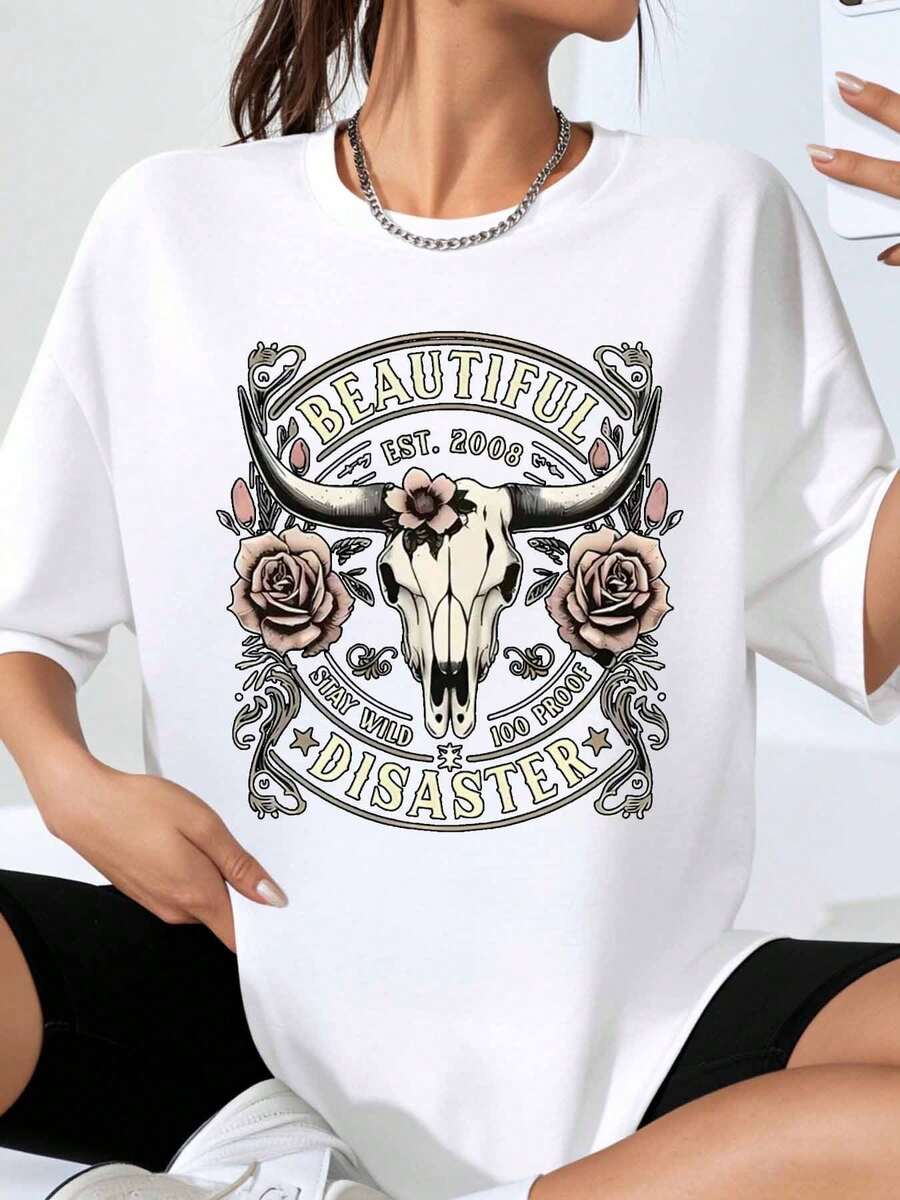 Beautiful Disaster Cow Skull Rose Graphic T-Shirt Women Oversized Casual Top Est 2008 Stay Wild 100 Proof Vintage Print Shirt - 白色 - 查看 1