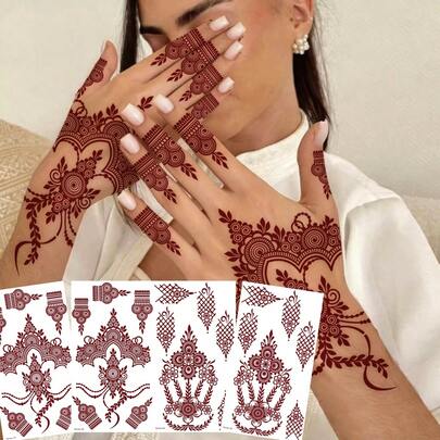 4pcs Moon & Flower Pattern Wine Red Nail Art Temporary Tattoo Stickers - Manhaiti Design Body Painting Tattoos For Party & Festival