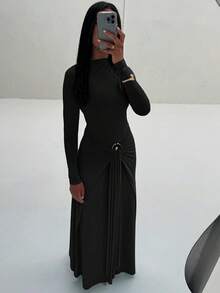 Fashionable Slim Fit And Slimming Lady Style Banquet Party Street Women's Clothing Solid Color Temperament Elegant Long Sleeved Decorative Buckle Strap Dress For Women - 黑色 - 查看 2