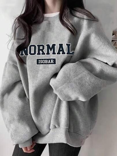 Women's Letter Print, Casual Light Gray Heart-Neck Long-Sleeved Sweatshirt, Cute Spring/Summer Women's Top, Carnival/Vacation Outfit, Available In All Women's Sizes.