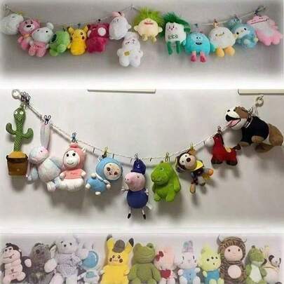 Doll Storage Plush Animal Hanging Organizer, Bohemian Room Decor With 10 Metal Clips, Tassel Stuffed Animal Corner Shelf For Bedroom, Living Room, Nursery, Kids Room, Wall Decor, Can Be Converted To Drying Rack (Random Color)