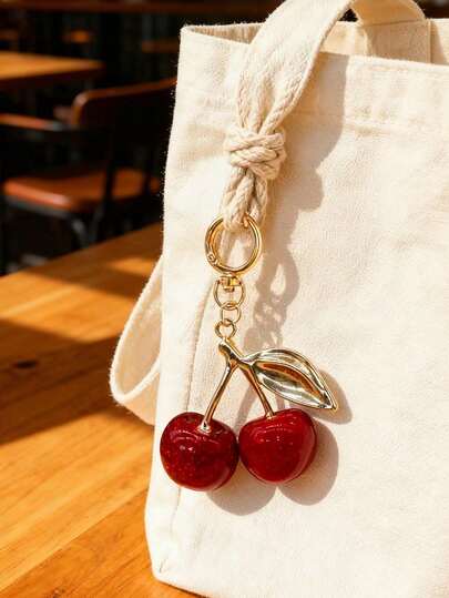 Elegant Cherry Keychain, Burgundy Cherry Bag Charm, Women's Graceful Metal Keychain, Elegant Gold Chain, Cute Keychain Accessory, Fashionable Bag Charm, Suitable For Handbags, Cute Design, Shiny Details, Women's Christmas/Valentine's Day Bag Gift, Y2K Style Bag Charm