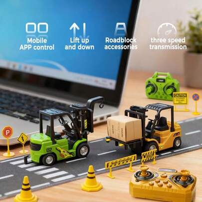 一套合金叉车遥控玩具，迷你仿真遥控叉车带拖车，遥控工程车，带可移动升降平台和可调档位，2.4GHz遥控模型车，可通过遥控器或手机APP控制，1:64比例微缩仿真车模型，适合男孩女孩的遥控玩具车，工程车玩具