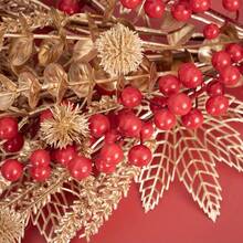 1 pieza Ramo artificial de bayas de primavera con hojas de arce doradas y bayas rojas, decoración de escritorio para el hogar para Navidad, Año Nuevo, Festival de Primavera, flores y plantas artificiales para decoración interior del hogar - Oro rojo - Ver 11